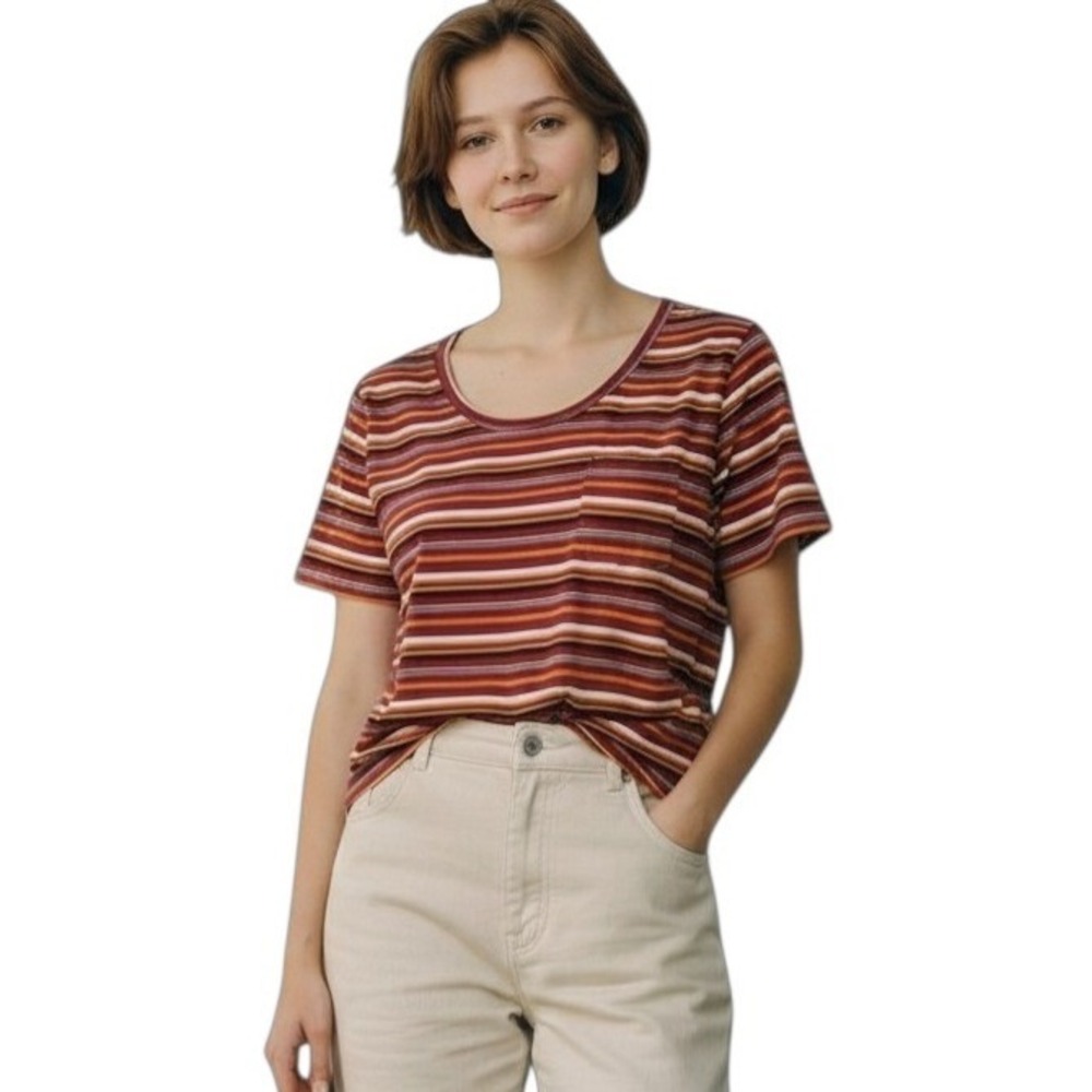 No Boundaries Womens Large Striped Scoop Neck Short Sleeve Pocket Tee Burgundy‎